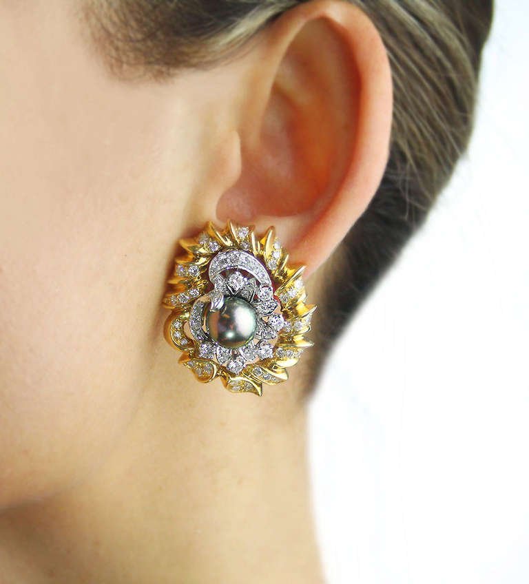 9.8mm Tahitian Pearls 3.5 Carats Diamonds Gold Ear Clips
