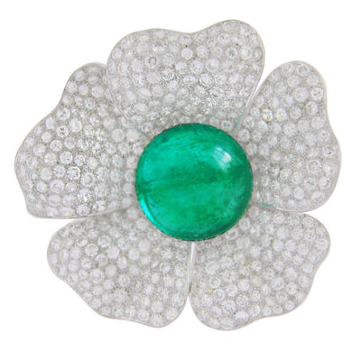 33.93 Carat Natural Cabochon Cut Emerald and 15 Carat Diamond Flower Brooch
