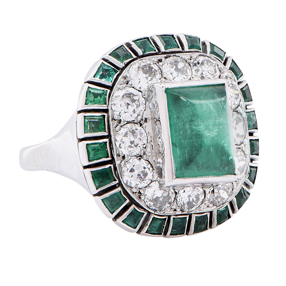 1920s Sugarloaf Cabochon Cut Emerald and Diamond 18 Karat White Gold Ring