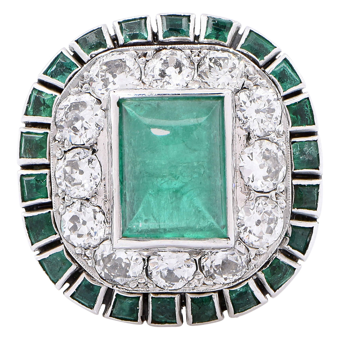 1920s Sugarloaf Cabochon Cut Emerald and Diamond 18 Karat White Gold Ring