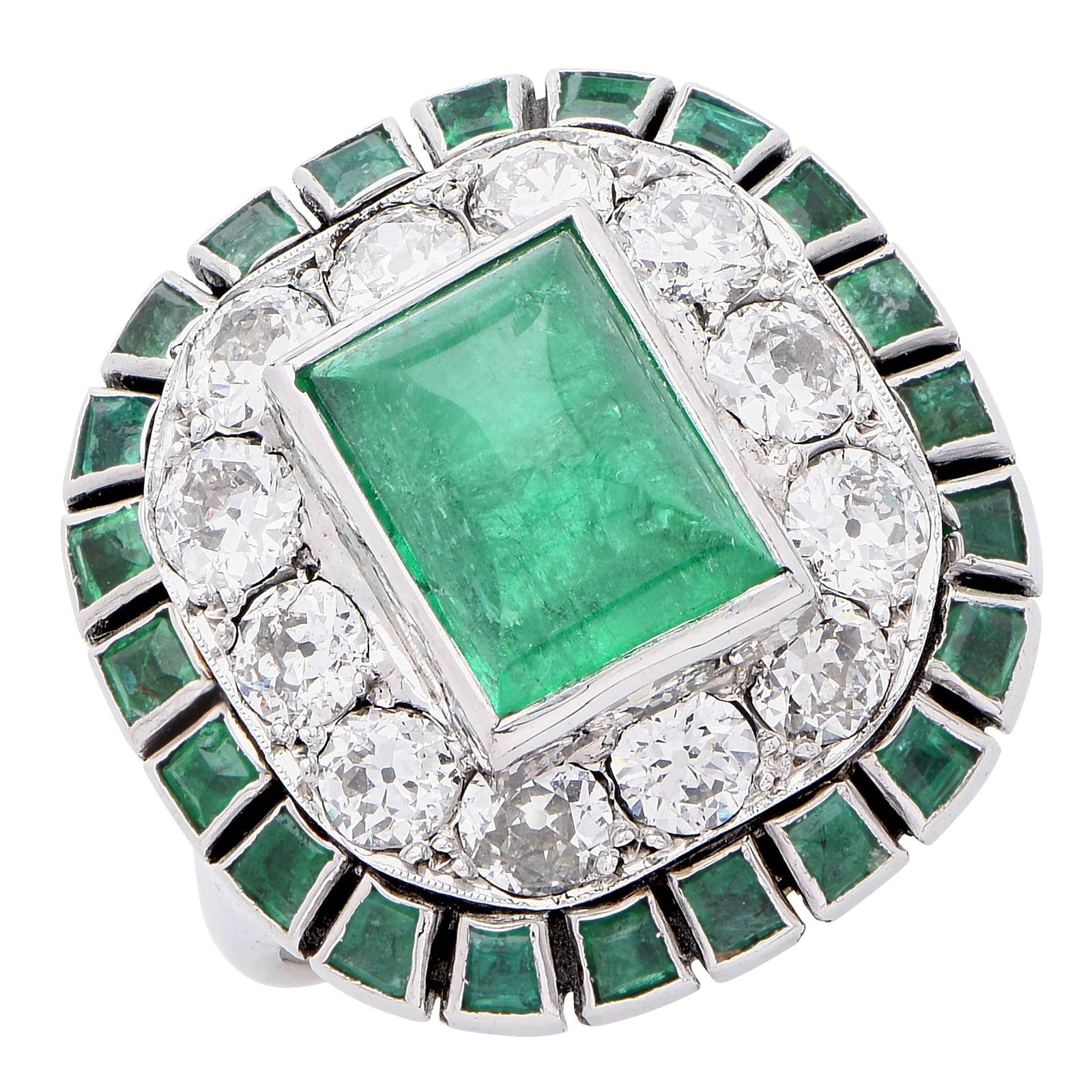 1920s Sugarloaf Cabochon Cut Emerald and Diamond 18 Karat White Gold Ring
