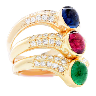 Triple Row Ruby Emerald Sapphire Diamond 18 Karat Yellow Gold Ring