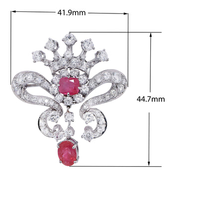 6.5 Carat Diamond and 3.7 Carat Burmese Ruby Platinum Ribbon Design Brooch