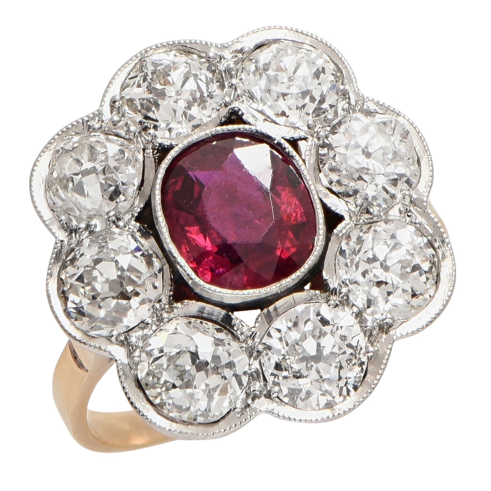 Rubellite Old Mine Cut Diamond Ring
