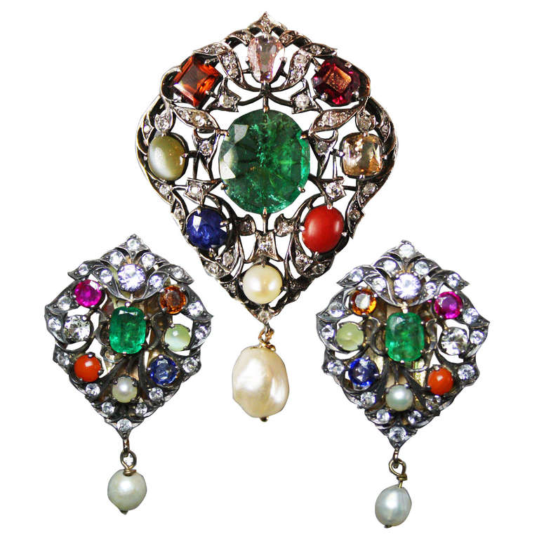 1800s Natural Fancy Orange-Pink Diamond Colored Stones Pendant and Ear Clips