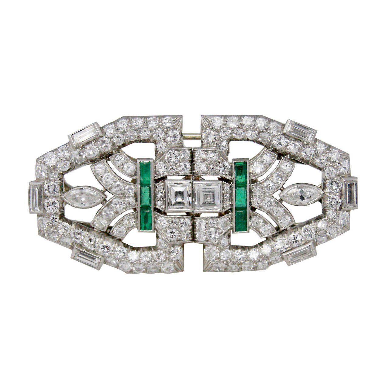 8 Carat Art Deco Double Clip Emerald Diamond Platinum Brooch