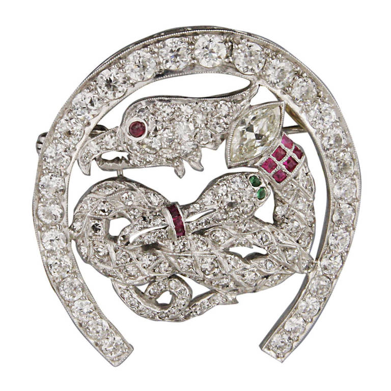 4.9 Carats Art Deco Ruby Emerald Diamond Platinum Brooch