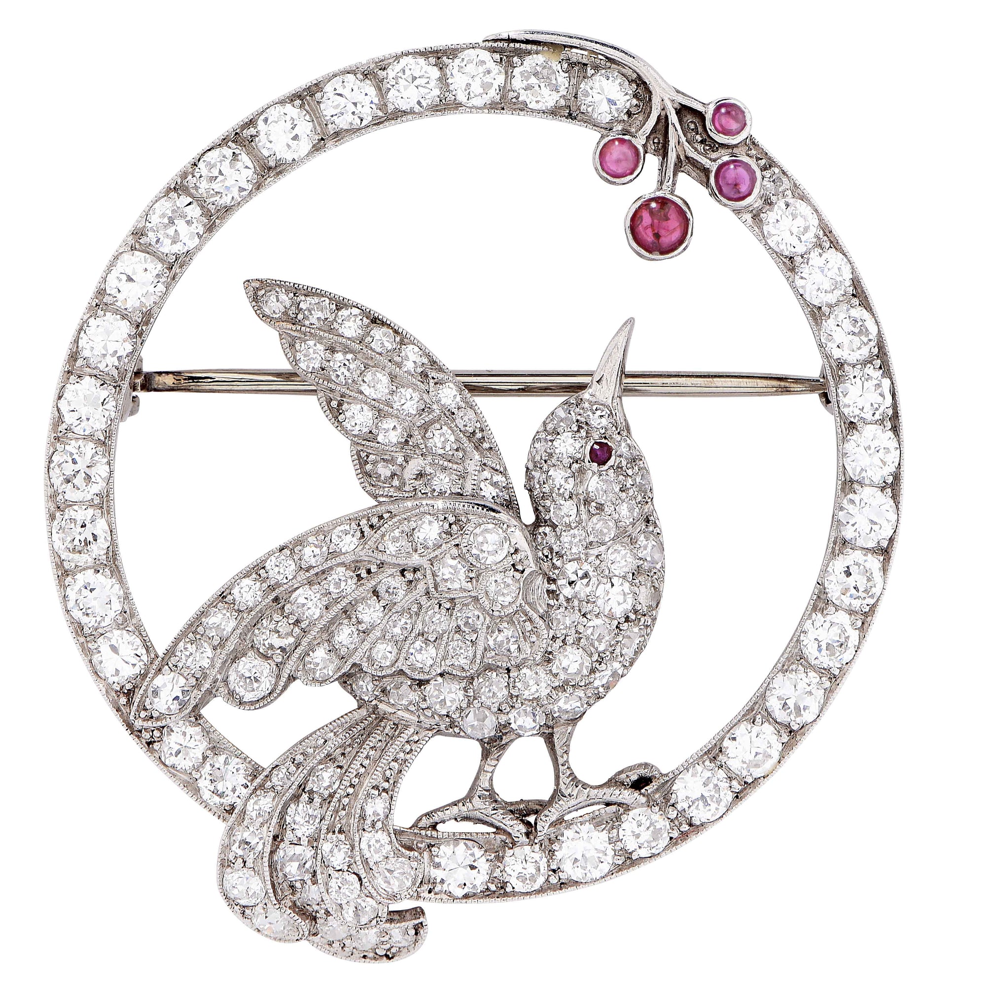 Art Nouveau Bird Picking Berries Motif Diamond Ruby Platinum Brooch