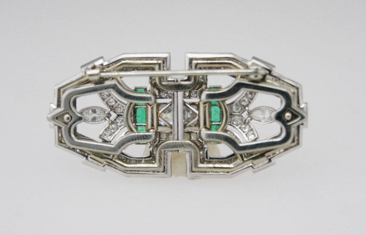 8 Carat Art Deco Double Clip Emerald Diamond Platinum Brooch