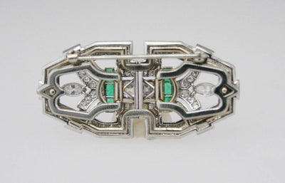 8 Carat Art Deco Double Clip Emerald Diamond Platinum Brooch